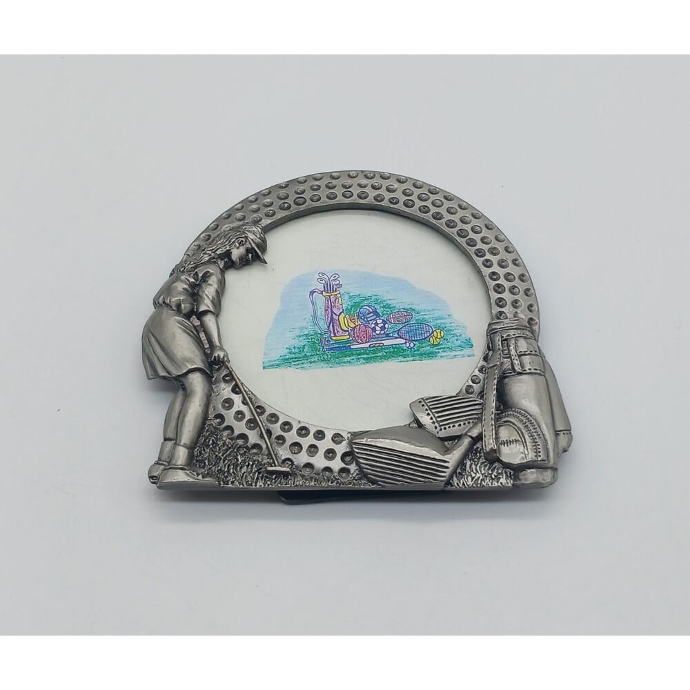 Round Golf Ball Pewter Picture Frame Figural Woman Golfing Clubs Bag Small